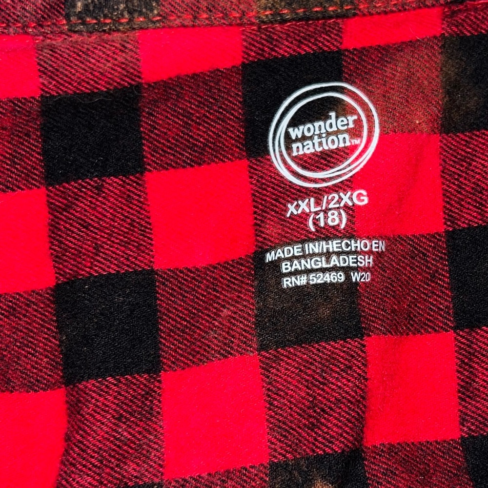 ⭐️Wonder Nation Juniors Red Black Custom Bleached Plaid Button Flannel Size XXL - Picture 7 of 8